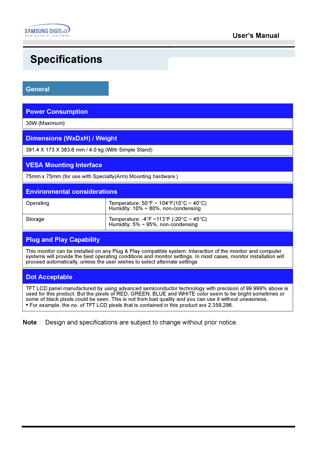 Samsung 151D General Power Consumption, Dimensions WxDxH / Weight, Vesa Mounting Interface, Environmental considerations 