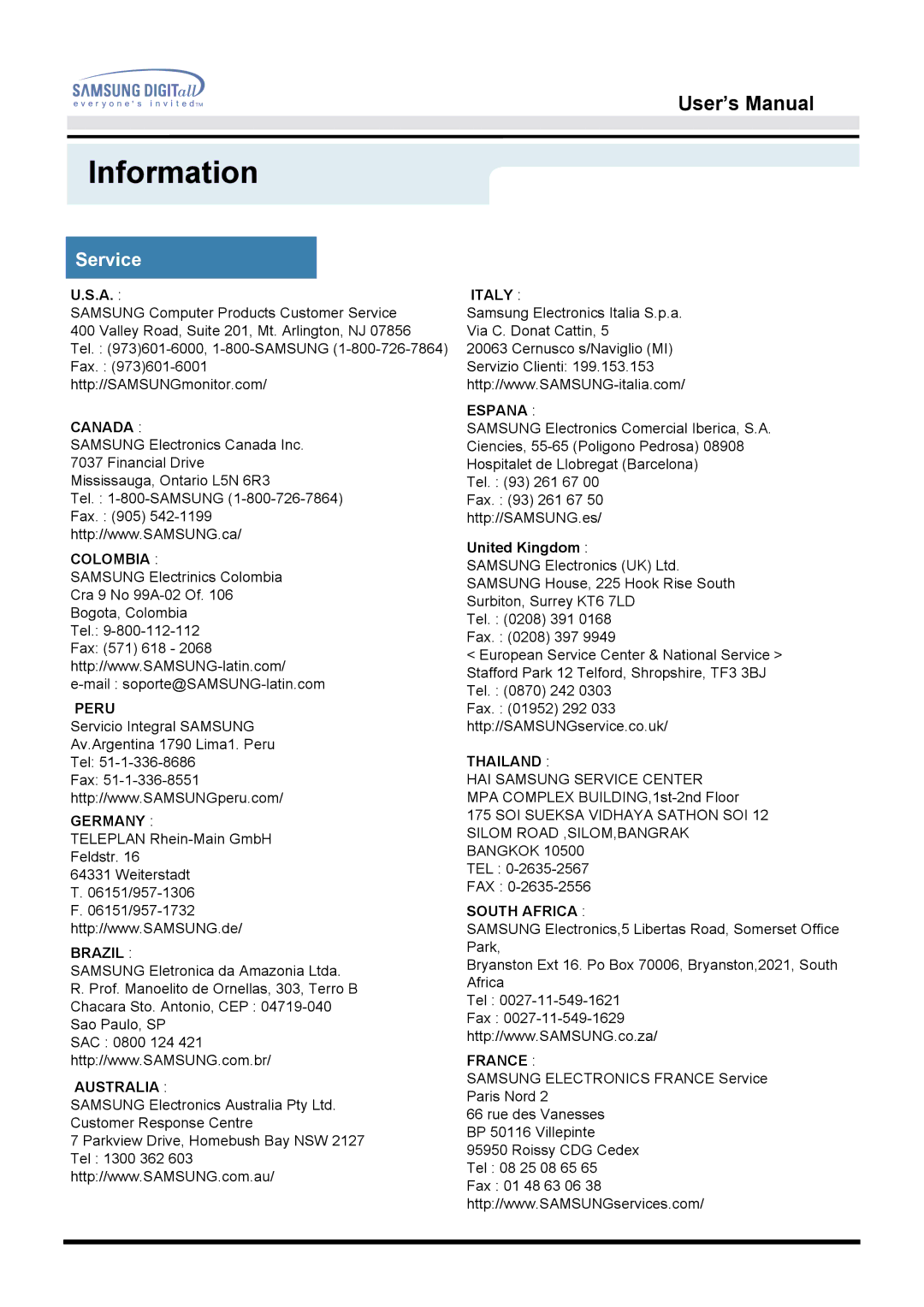 Samsung 151D user manual Information, Service 