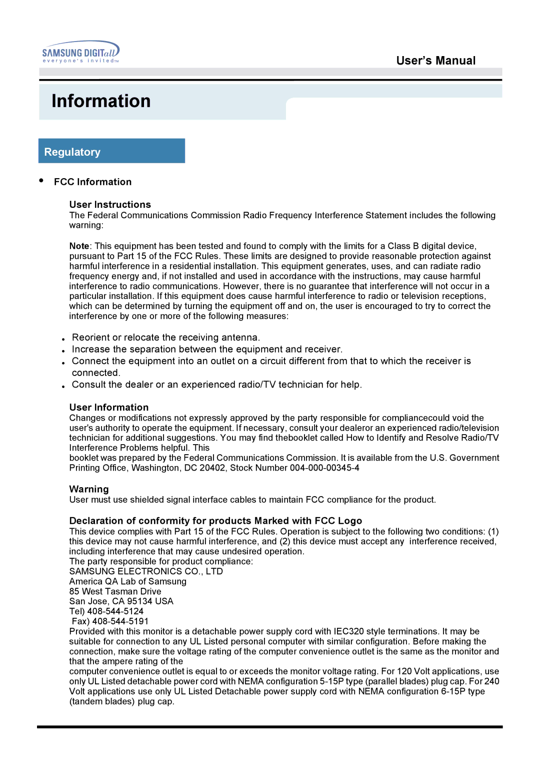 Samsung 151D user manual Regulatory, FCC Information User Instructions, User Information 