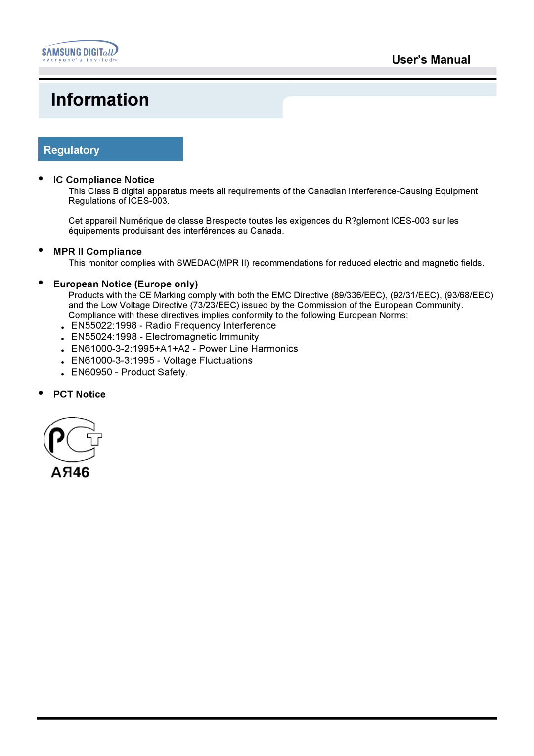 Samsung 151D user manual IC Compliance Notice, MPR II Compliance, European Notice Europe only, PCT Notice 