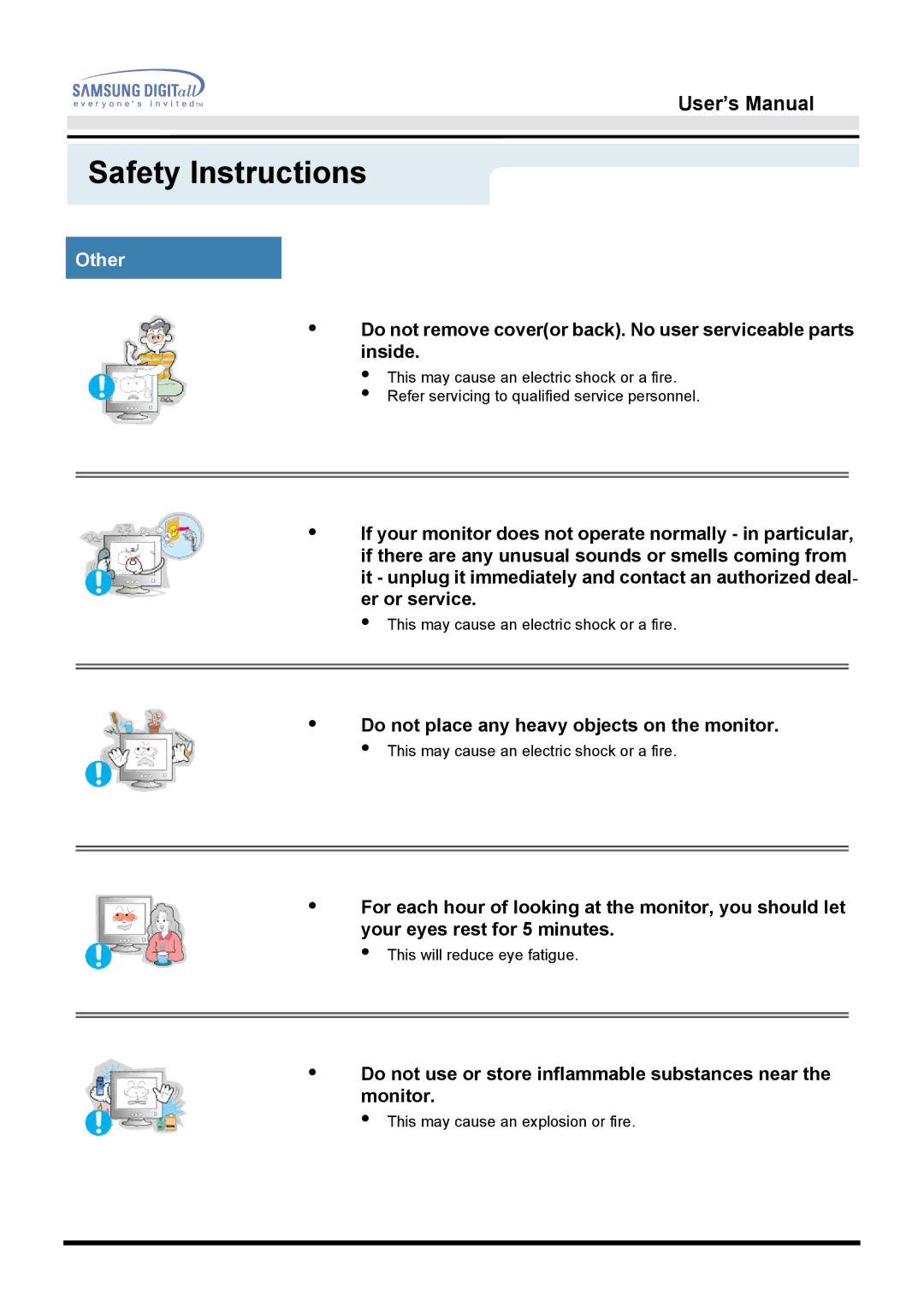 Samsung 151D user manual Other, Do not place any heavy objects on the monitor 