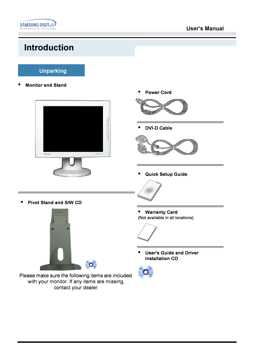Samsung 151D user manual Introduction, Unparking, User’s Manual, Monitor and Stand Power Cord, Pivot Stand and S/W CD 