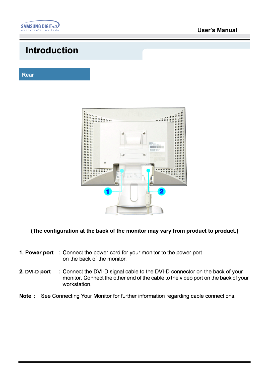 Samsung 151D user manual Rear, Introduction, User’s Manual 