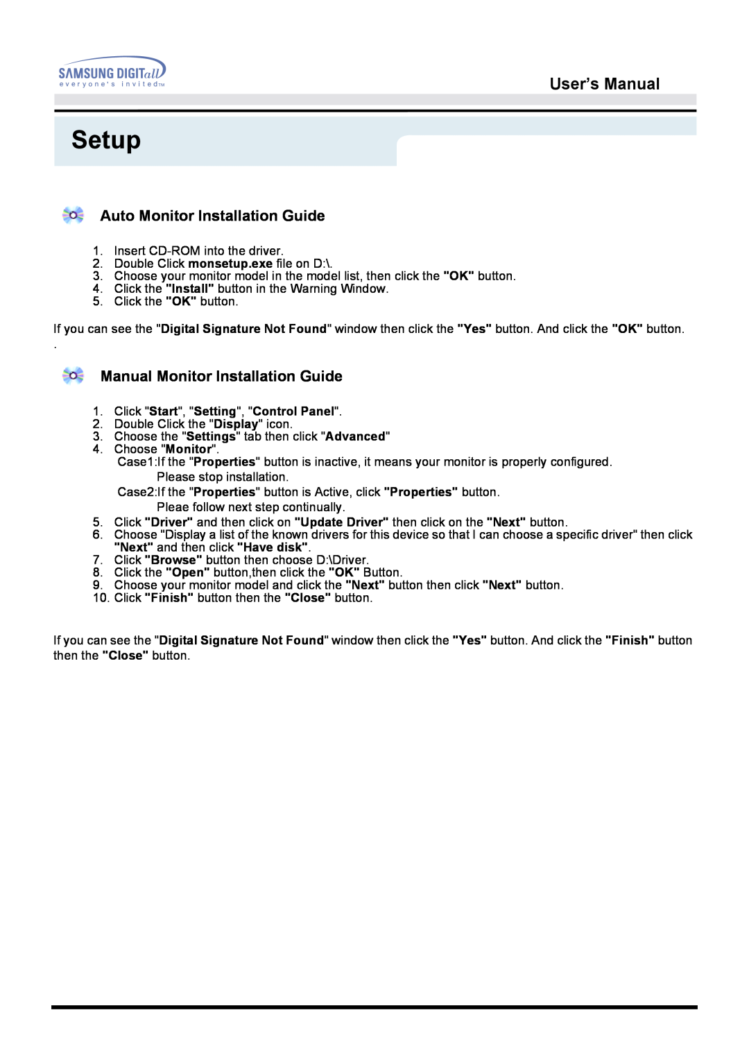 Samsung 151D user manual Setup, User’s Manual, Click Start, Setting, Control Panel 