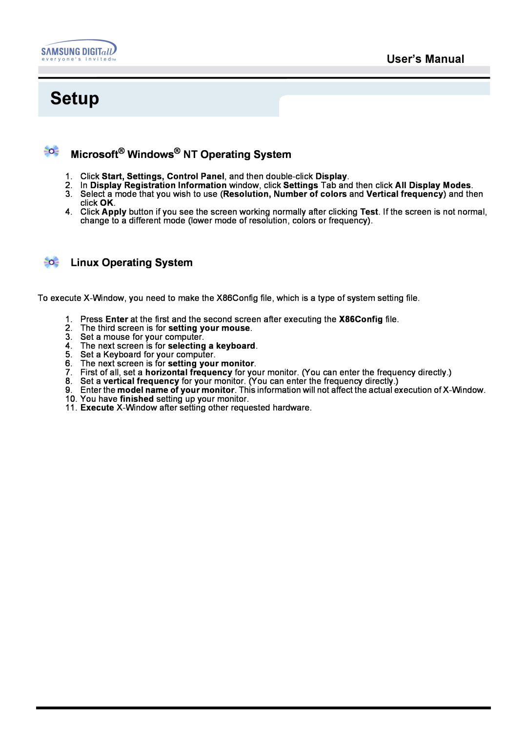 Samsung 151D user manual Setup, User’s Manual, Microsoft Windows NT Operating System, Linux Operating System 