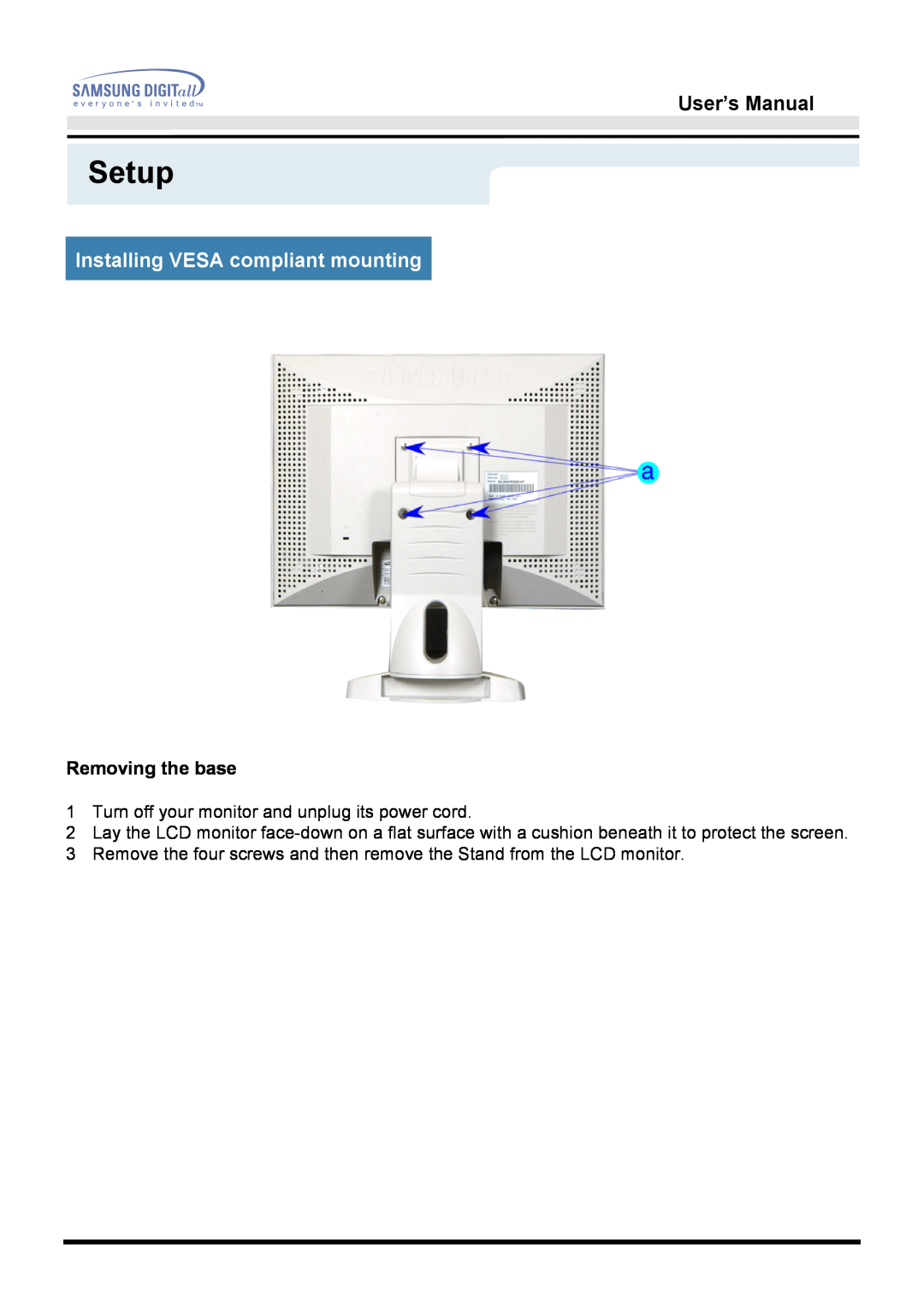 Samsung 151D user manual Installing VESA compliant mounting, Setup, User’s Manual, Removing the base 