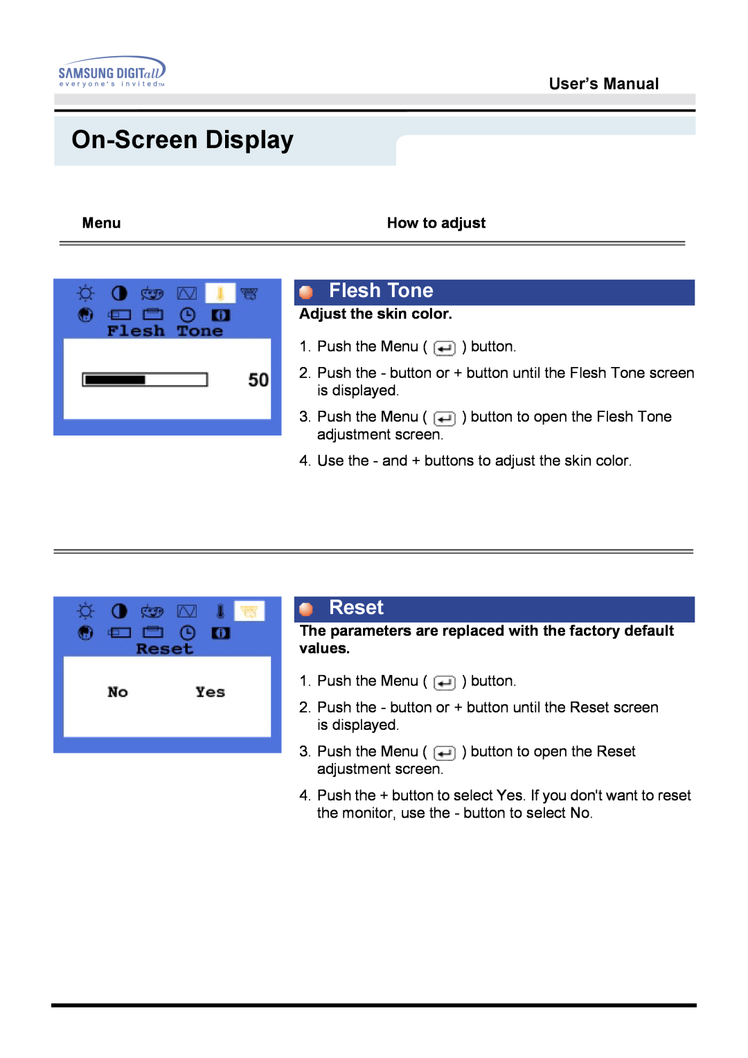 Samsung 151D user manual Flesh Tone, Reset, On-Screen Display, User’s Manual 