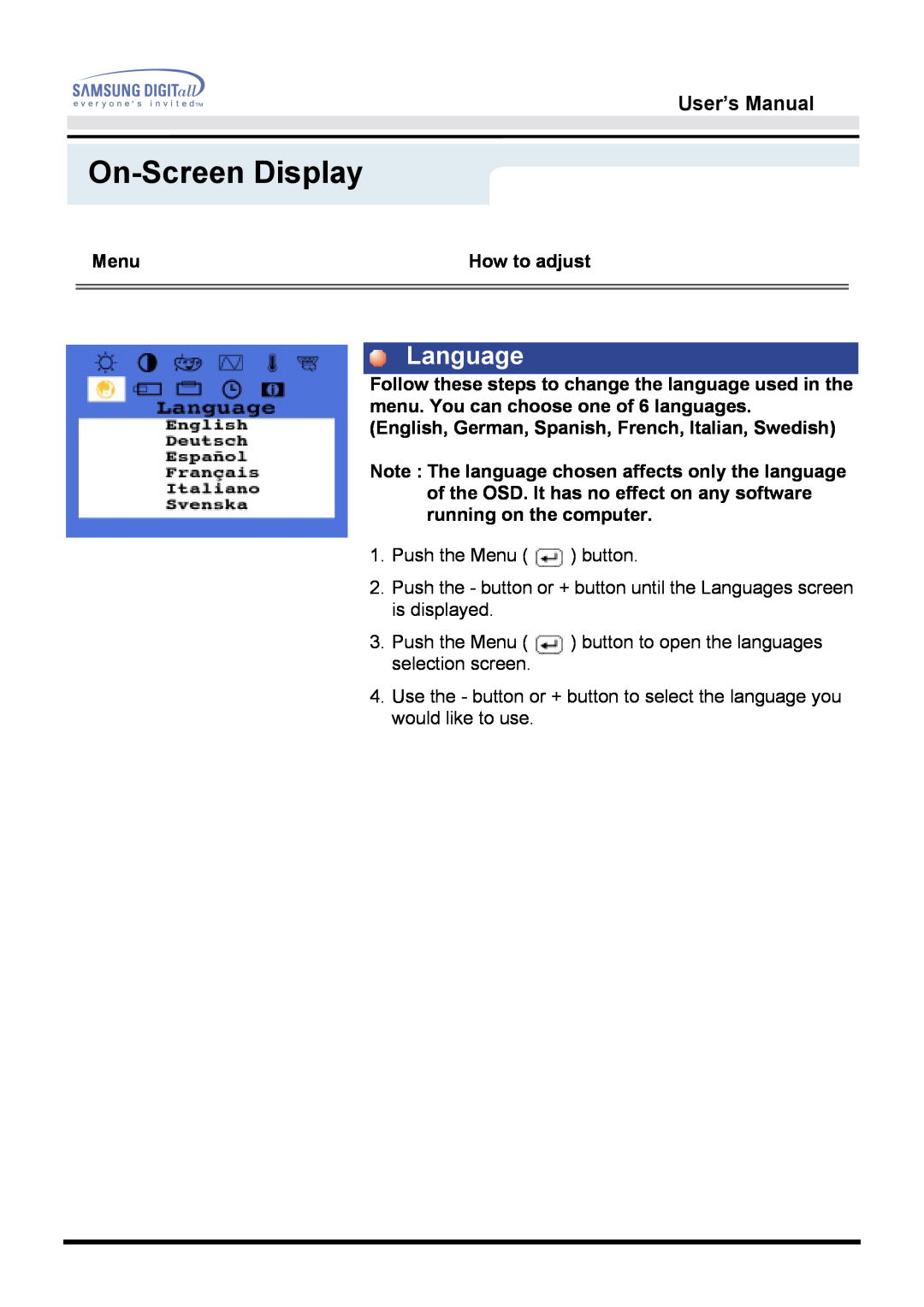 Samsung 151D user manual Language, On-Screen Display, User’s Manual 