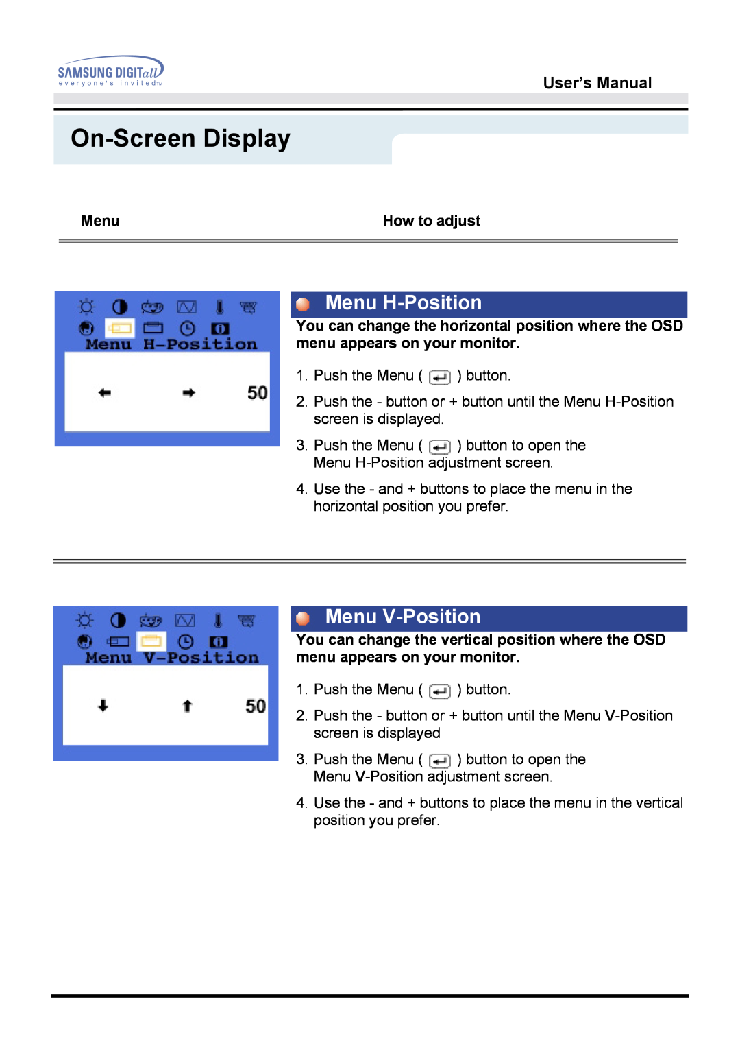 Samsung 151D user manual Menu H-Position, Menu V-Position, On-Screen Display, User’s Manual 