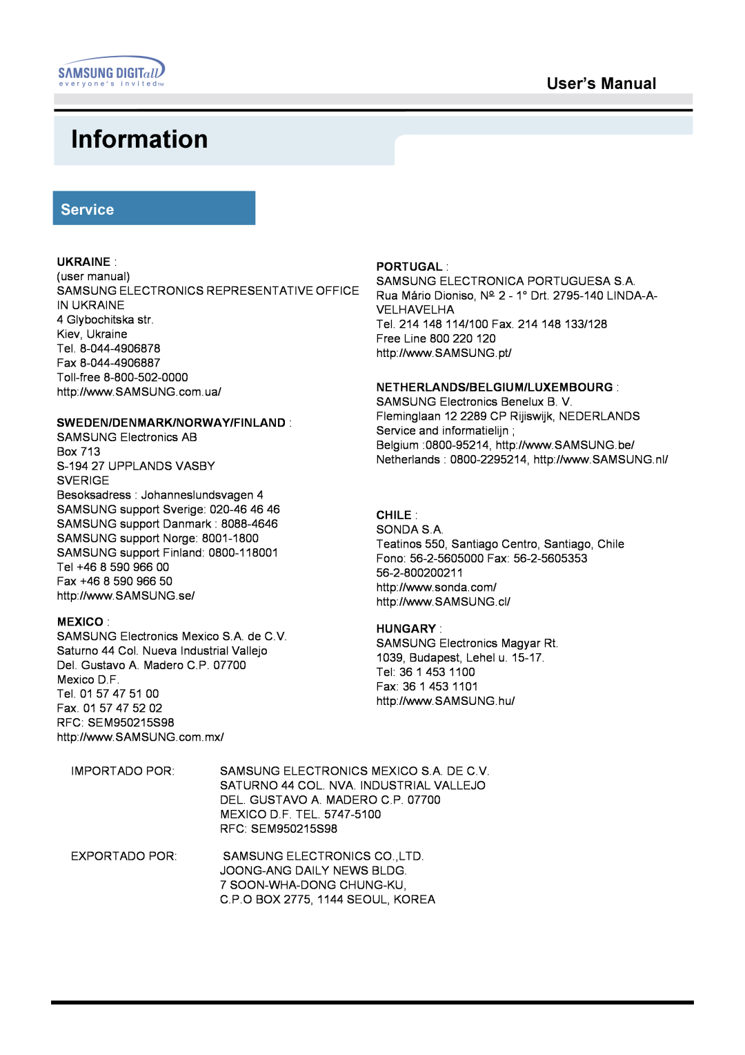 Samsung 151D Information, User’s Manual, Service, UKRAINE user manual, Sweden/Denmark/Norway/Finland, Mexico, Portugal 