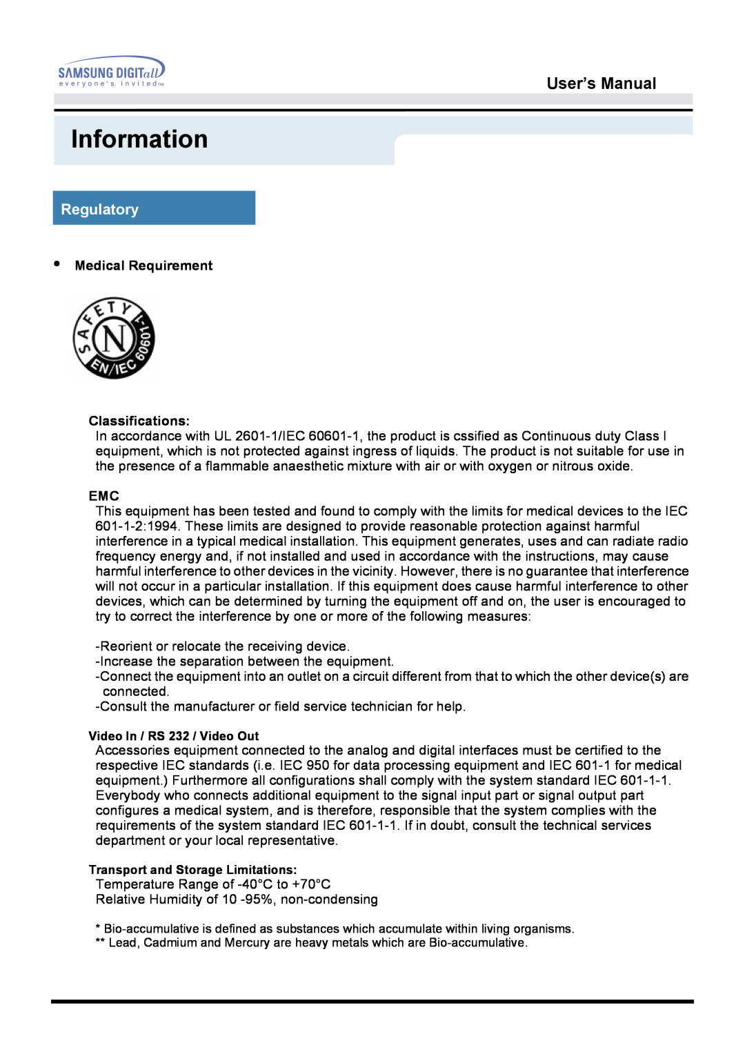 Samsung 151D user manual Information, User’s Manual, Regulatory, Medical Requirement Classifications 