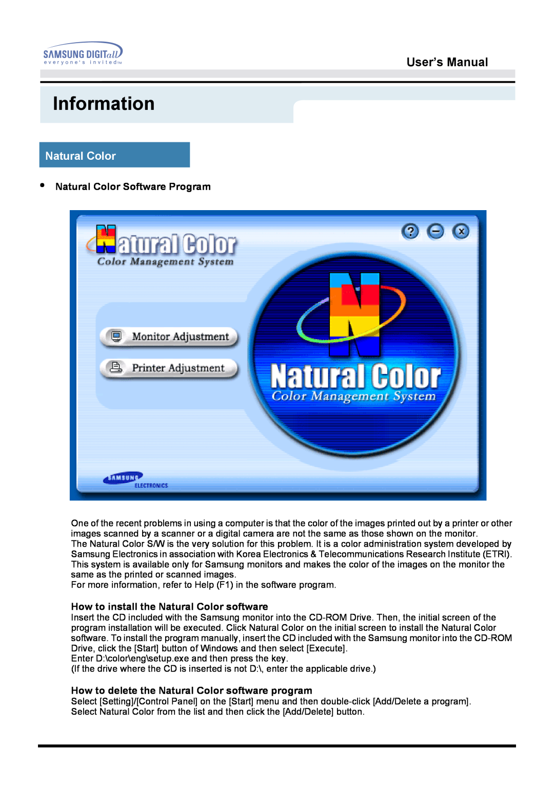 Samsung 151D Information, User’s Manual, Natural Color Software Program, How to install the Natural Color software 