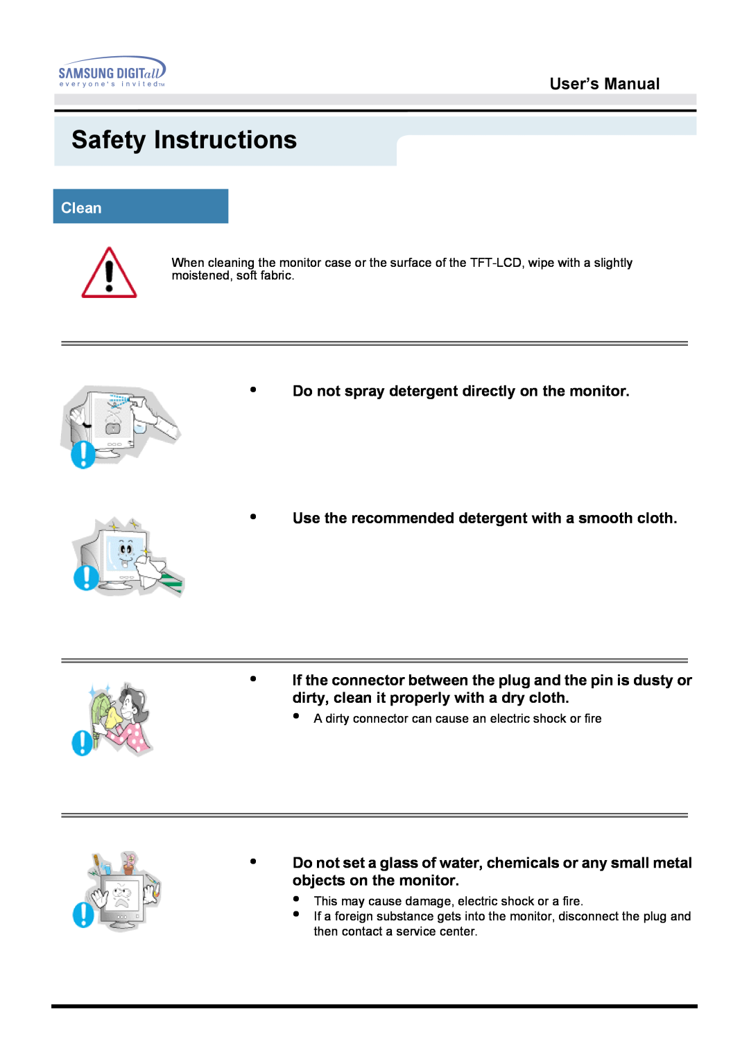 Samsung 151D user manual Clean, Safety Instructions, User’s Manual, Do not spray detergent directly on the monitor 