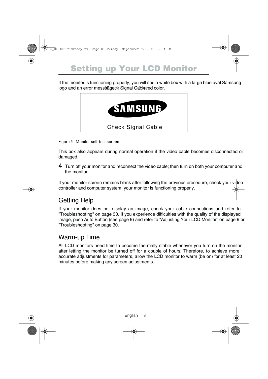 Samsung 151MP, 171MP manual Getting Help, Warm-up Time 