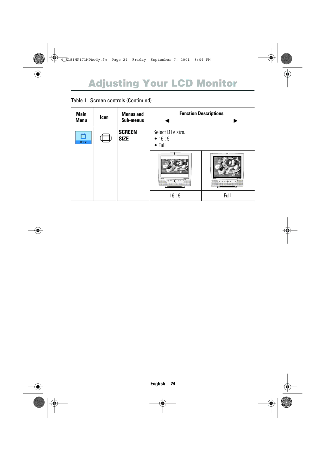 Samsung 151MP, 171MP manual Screen, Select DTV size, Size, Full 