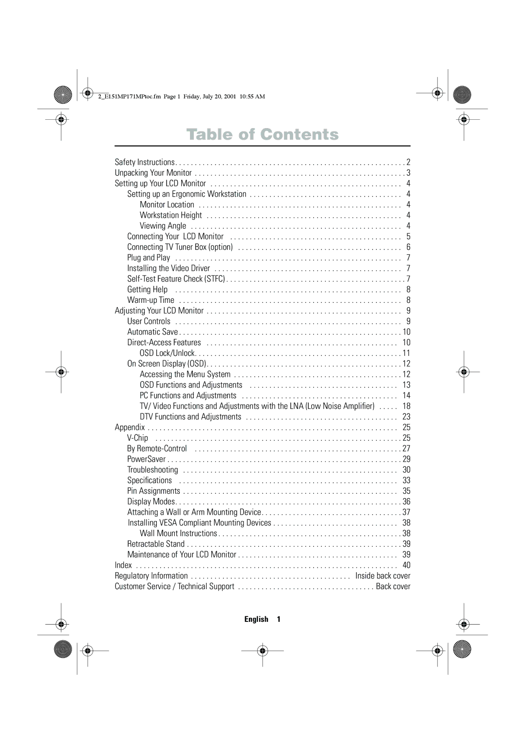 Samsung 151MP, 171MP manual Table of Contents 