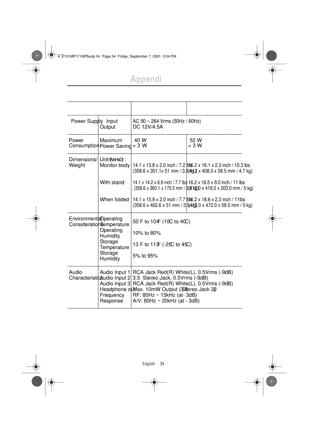 Samsung 151MP, 171MP Technical and environmental speciﬁcations 151MP 171MP, Input, Power Saving Dimensions, With stand 