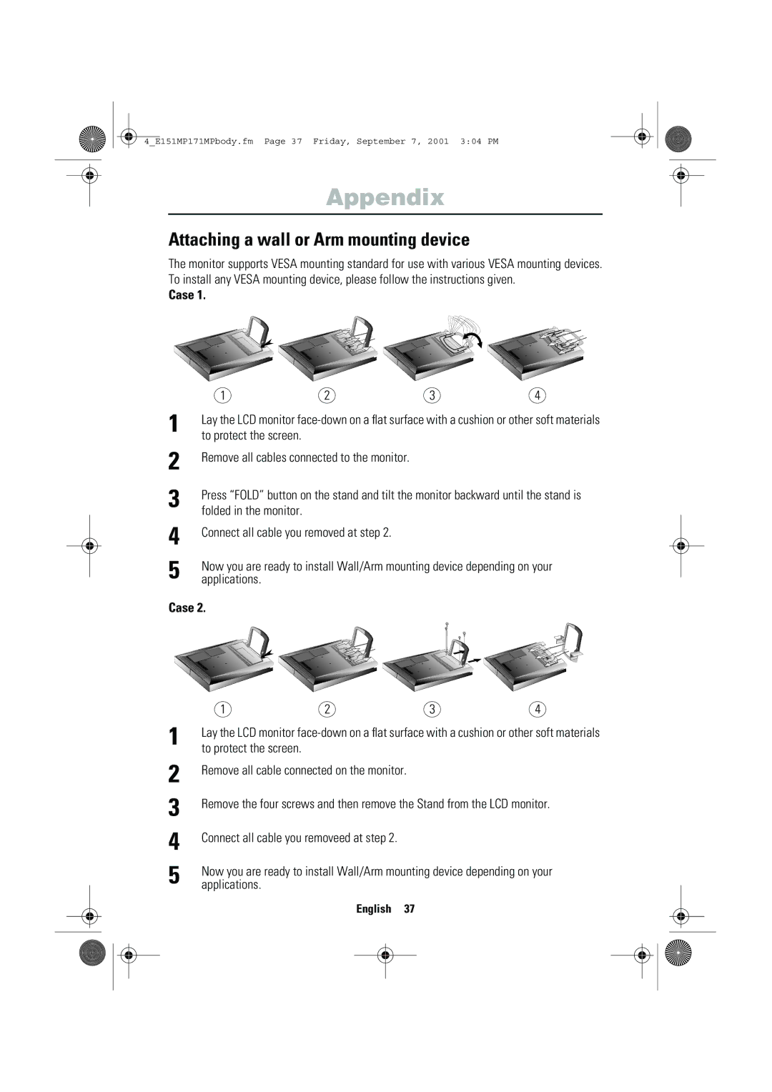 Samsung 151MP, 171MP manual Attaching a wall or Arm mounting device, Case 