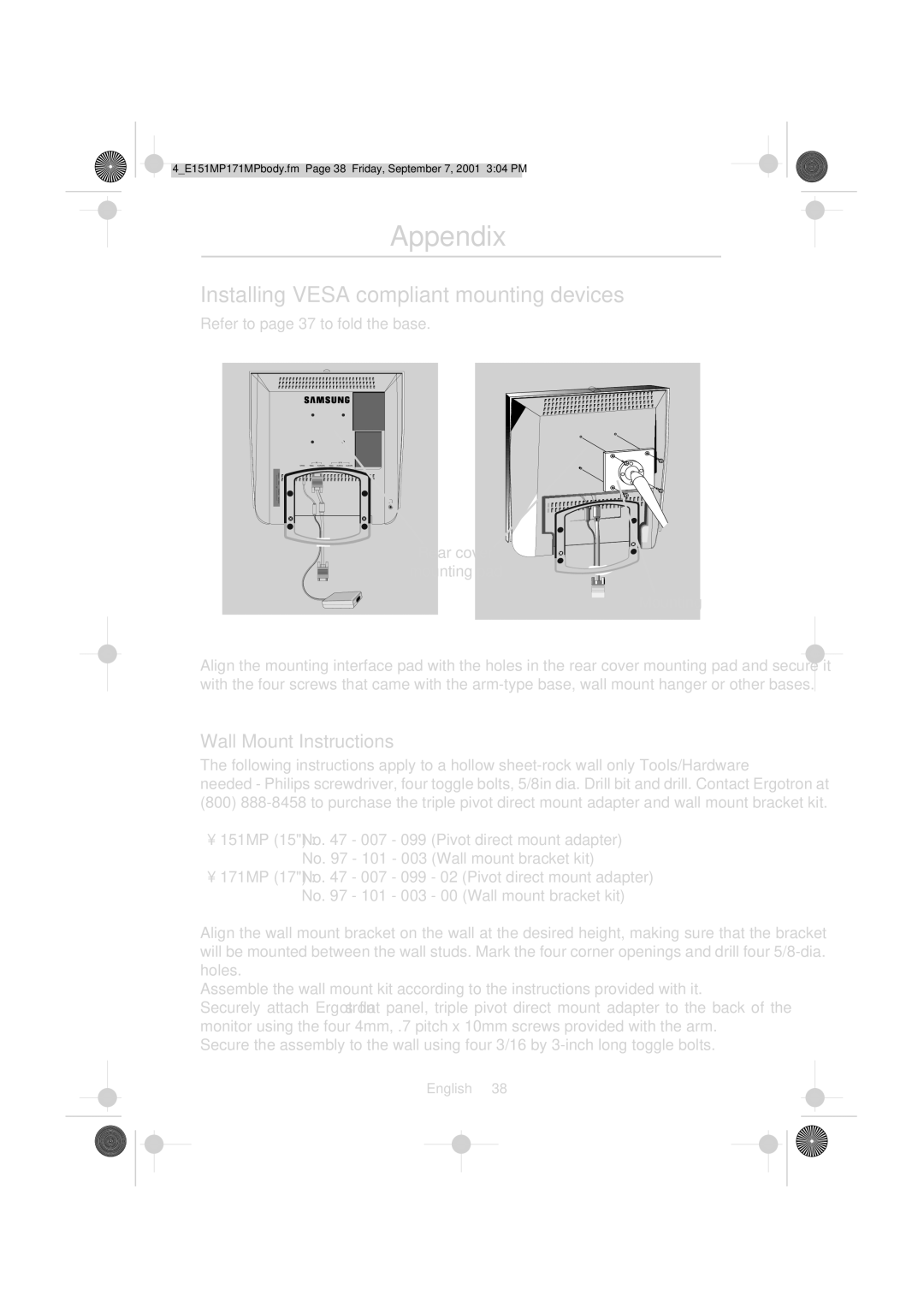 Samsung 151MP, 171MP manual Installing Vesa compliant mounting devices, Wall Mount Instructions, Rear cover Mounting pad 