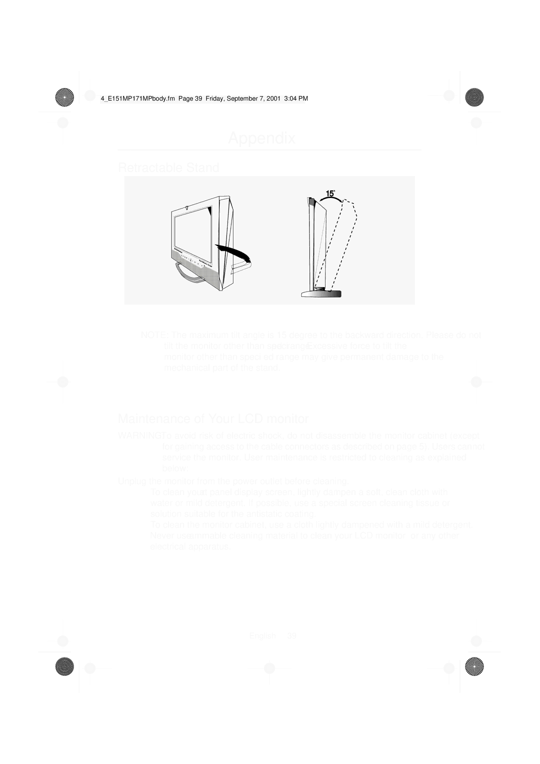 Samsung 151MP, 171MP manual Retractable Stand Maintenance of Your LCD monitor 