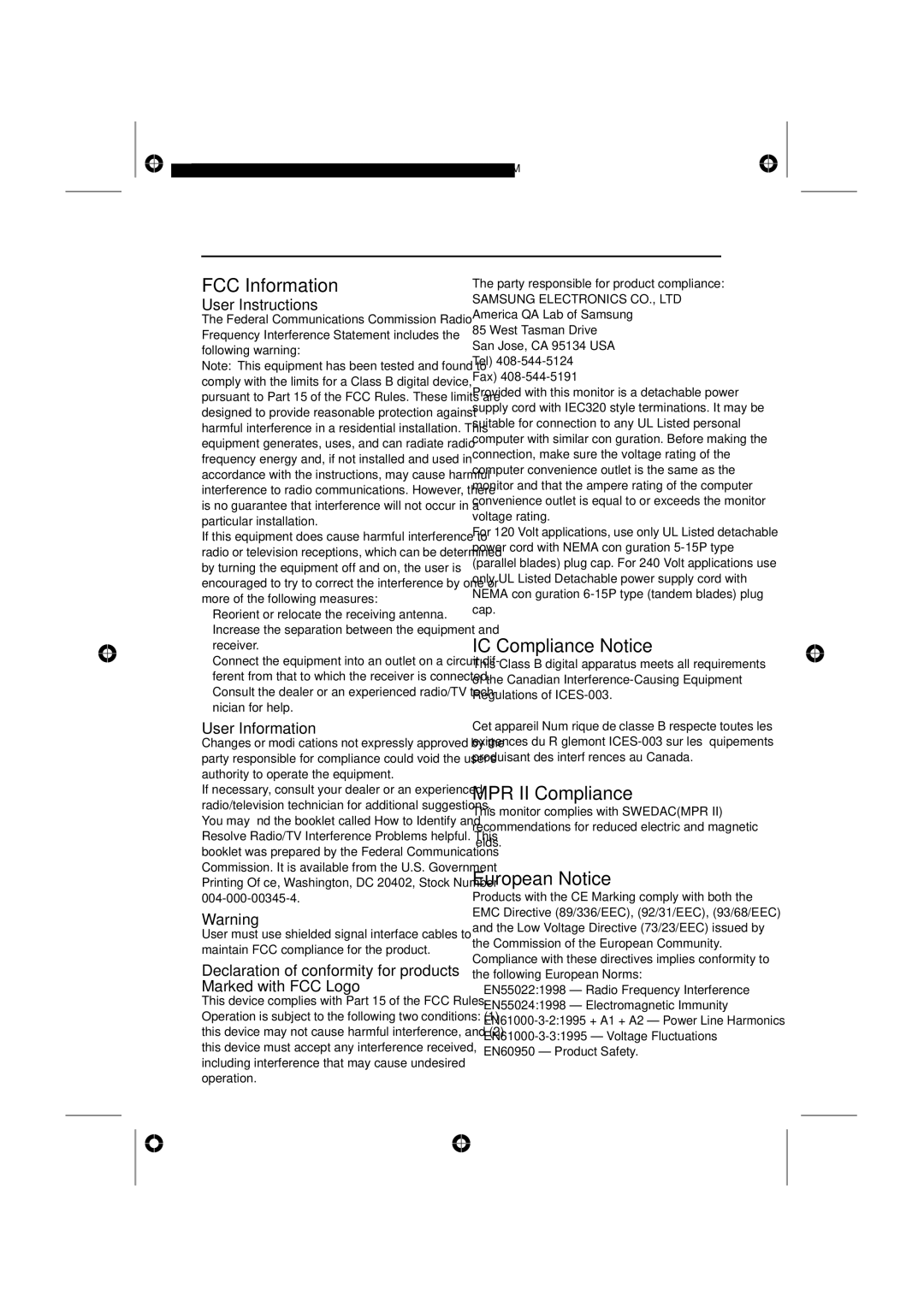 Samsung 151MP, 171MP manual FCC Information, IC Compliance Notice, MPR II Compliance, European Notice 