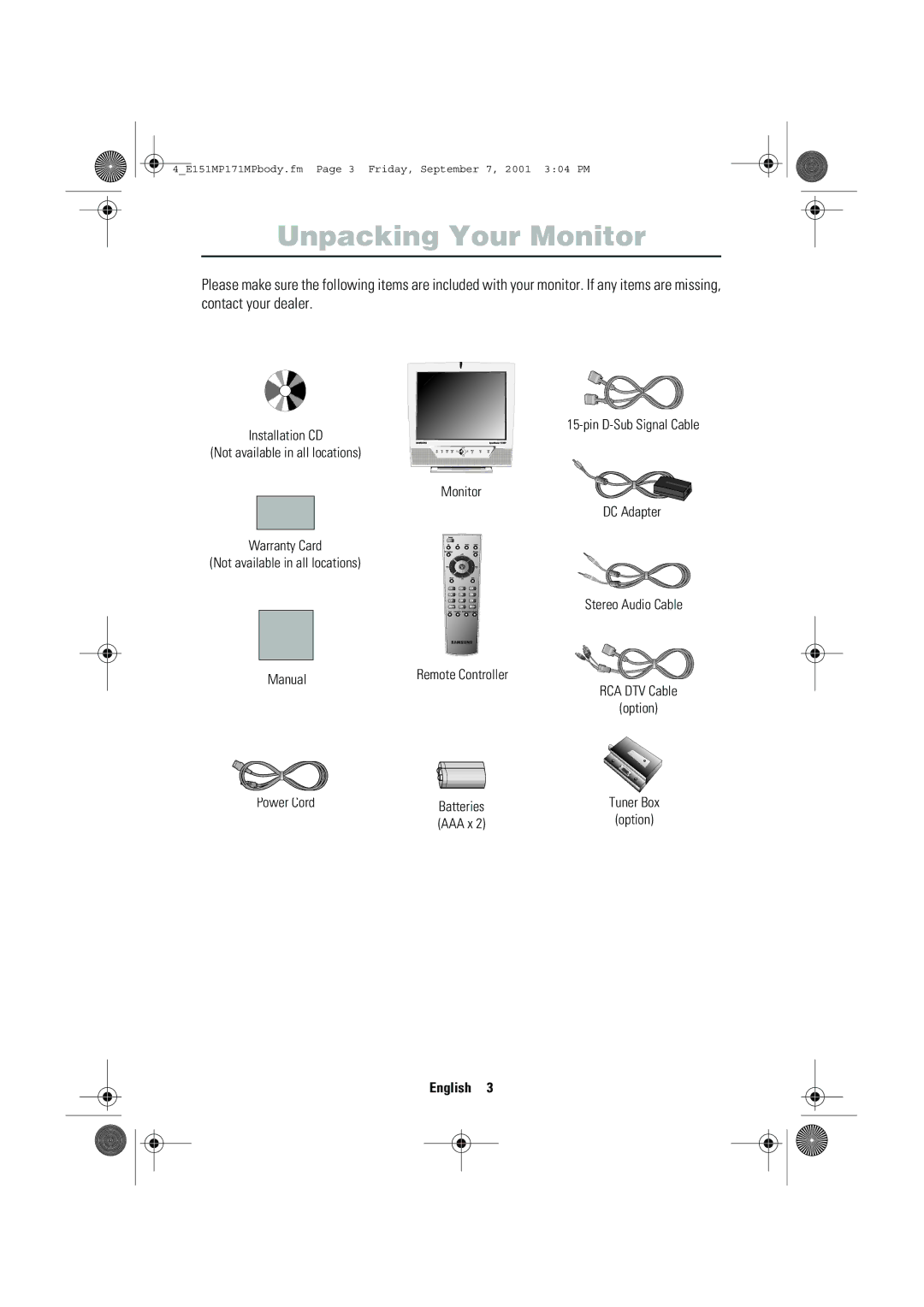 Samsung 151MP, 171MP manual Unpacking Your Monitor 