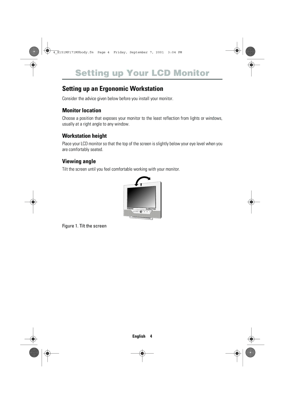 Samsung 151MP, 171MP Setting up Your LCD Monitor, Setting up an Ergonomic Workstation, Monitor location, Viewing angle 