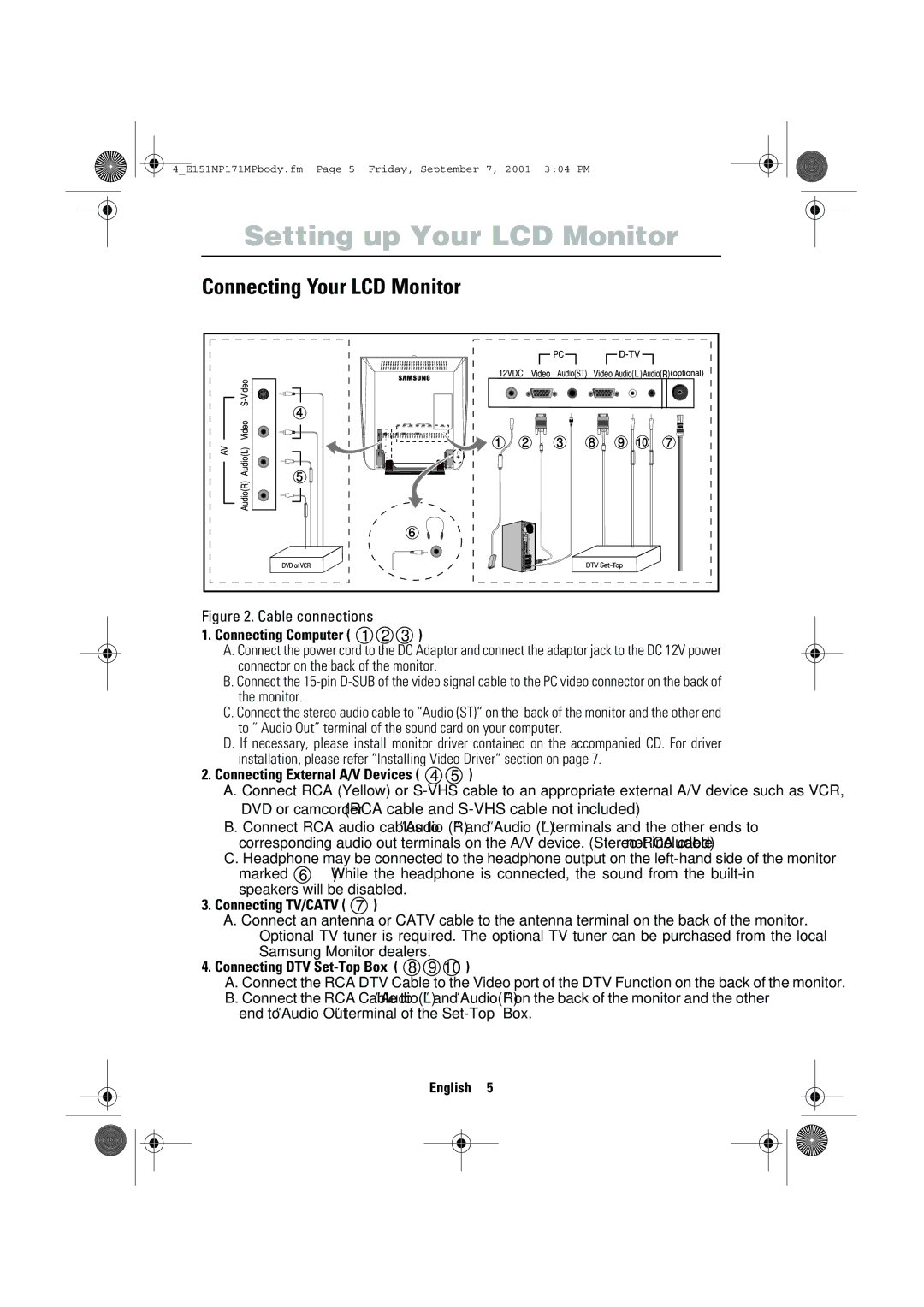 Samsung 151MP, 171MP manual Connecting Your LCD Monitor, Connecting Computer 1 2, Connecting External A/V Devices 4 