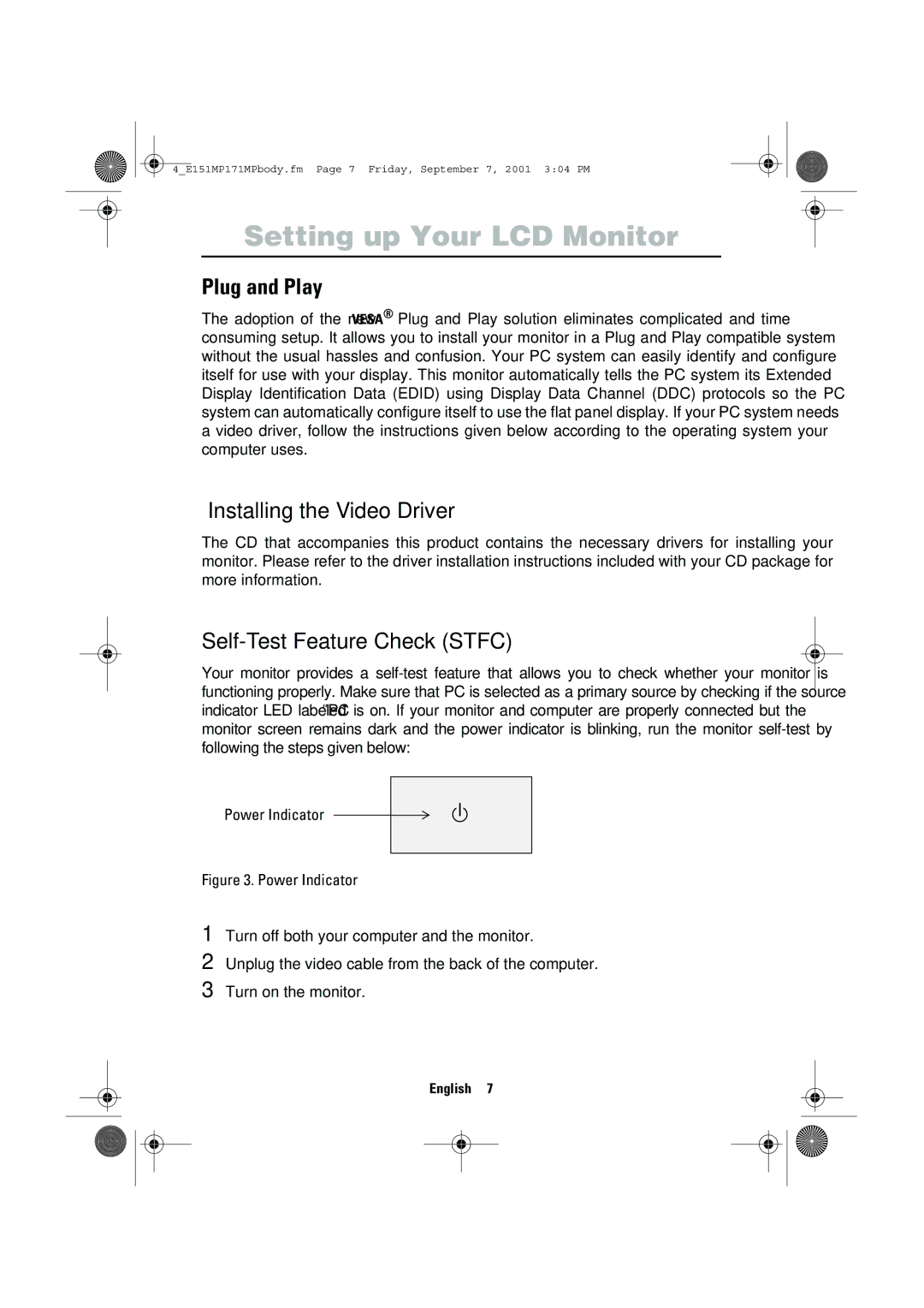 Samsung 151MP, 171MP manual Plug and Play, Installing the Video Driver, Self-Test Feature Check Stfc, Power Indicator 