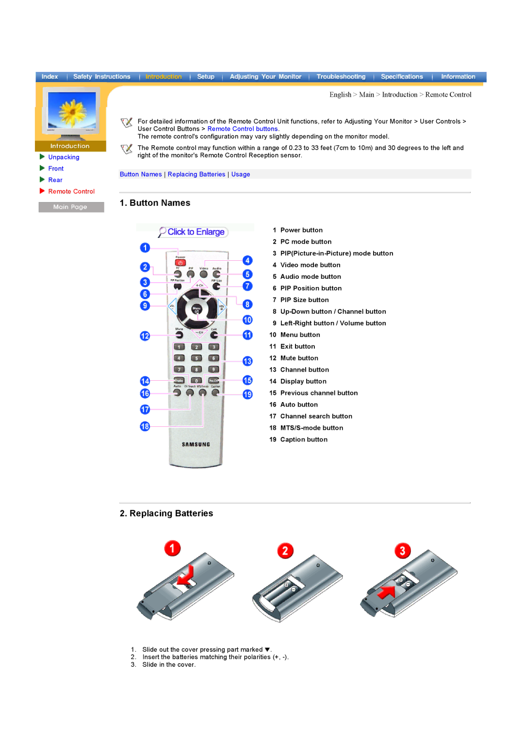 Samsung 151MP manual Button Names, Replacing Batteries, English Main Introduction Remote Control 