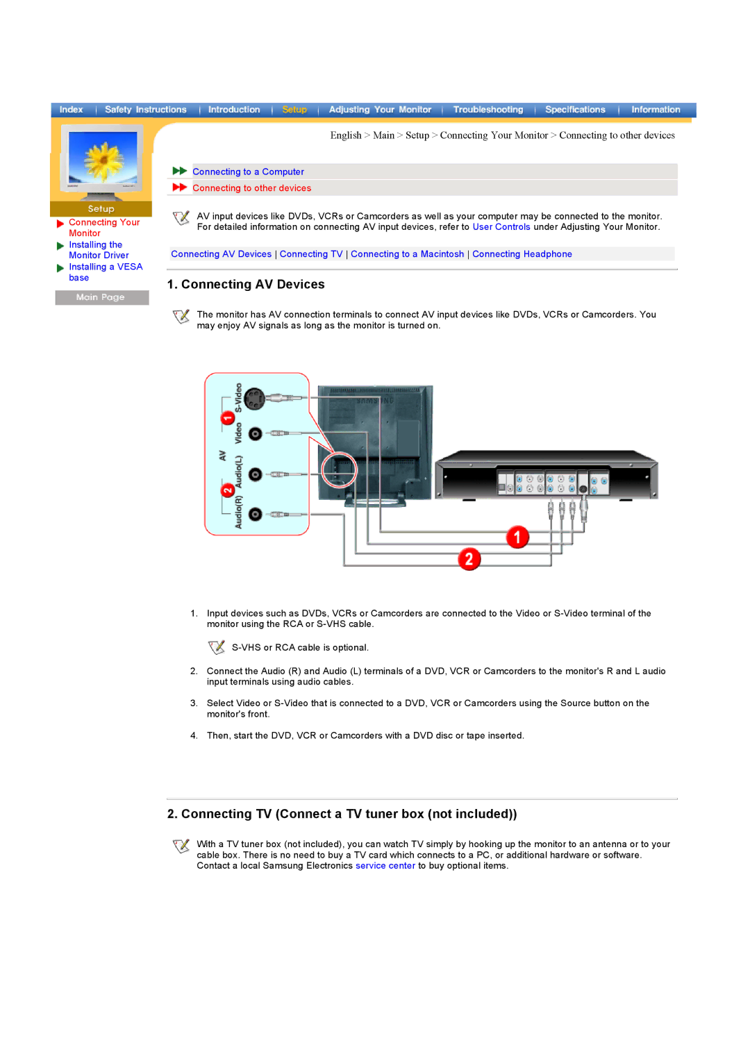 Samsung 151MP Connecting AV Devices, Connecting TV Connect a TV tuner box not included, Connecting to other devices 