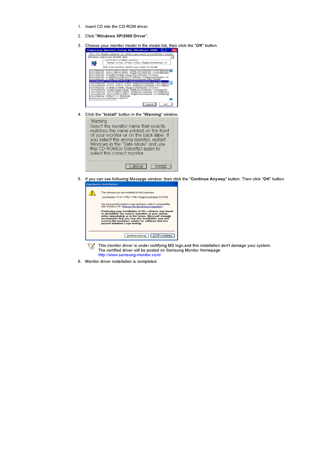 Samsung 151MP manual Click Windows XP/2000 Driver 