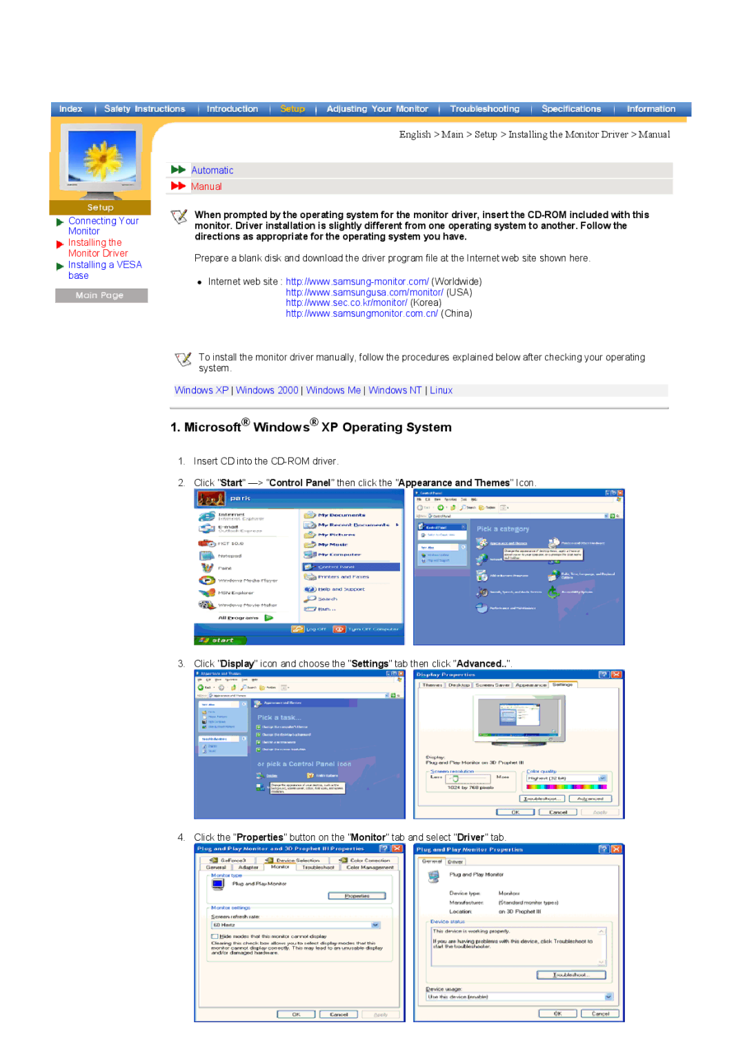 Samsung 151MP manual Microsoft Windows XP Operating System, English Main Setup Installing the Monitor Driver Manual 