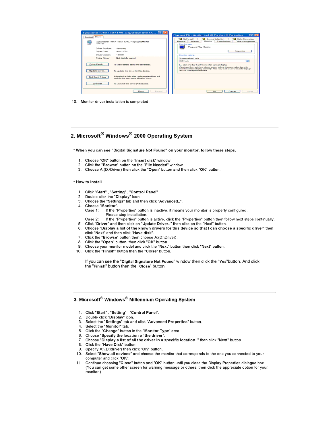 Samsung 151MP manual Microsoft Windows 2000 Operating System, How to install Click Start , Setting , Control Panel 