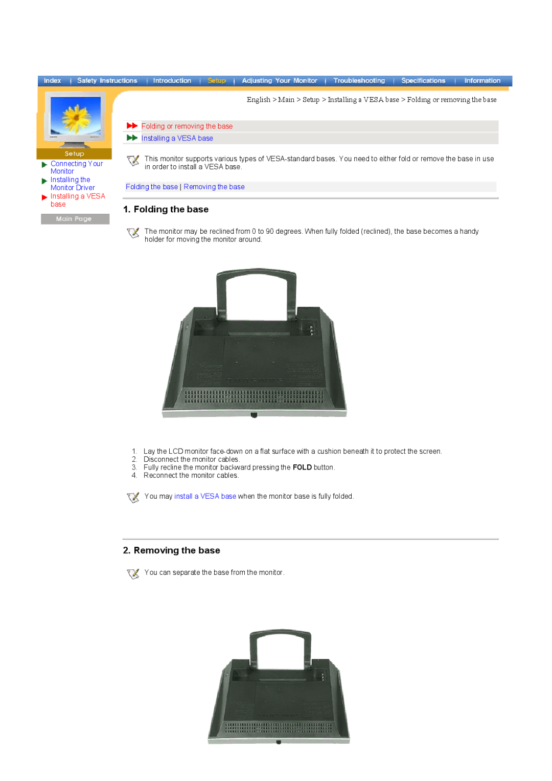 Samsung 151MP manual Folding the base, Removing the base, Folding or removing the base 