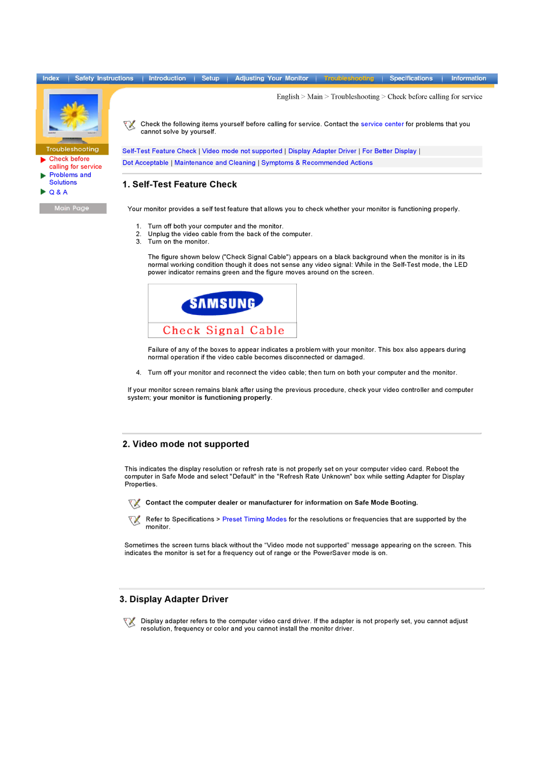 Samsung 151MP manual Self-Test Feature Check, Video mode not supported, Display Adapter Driver 