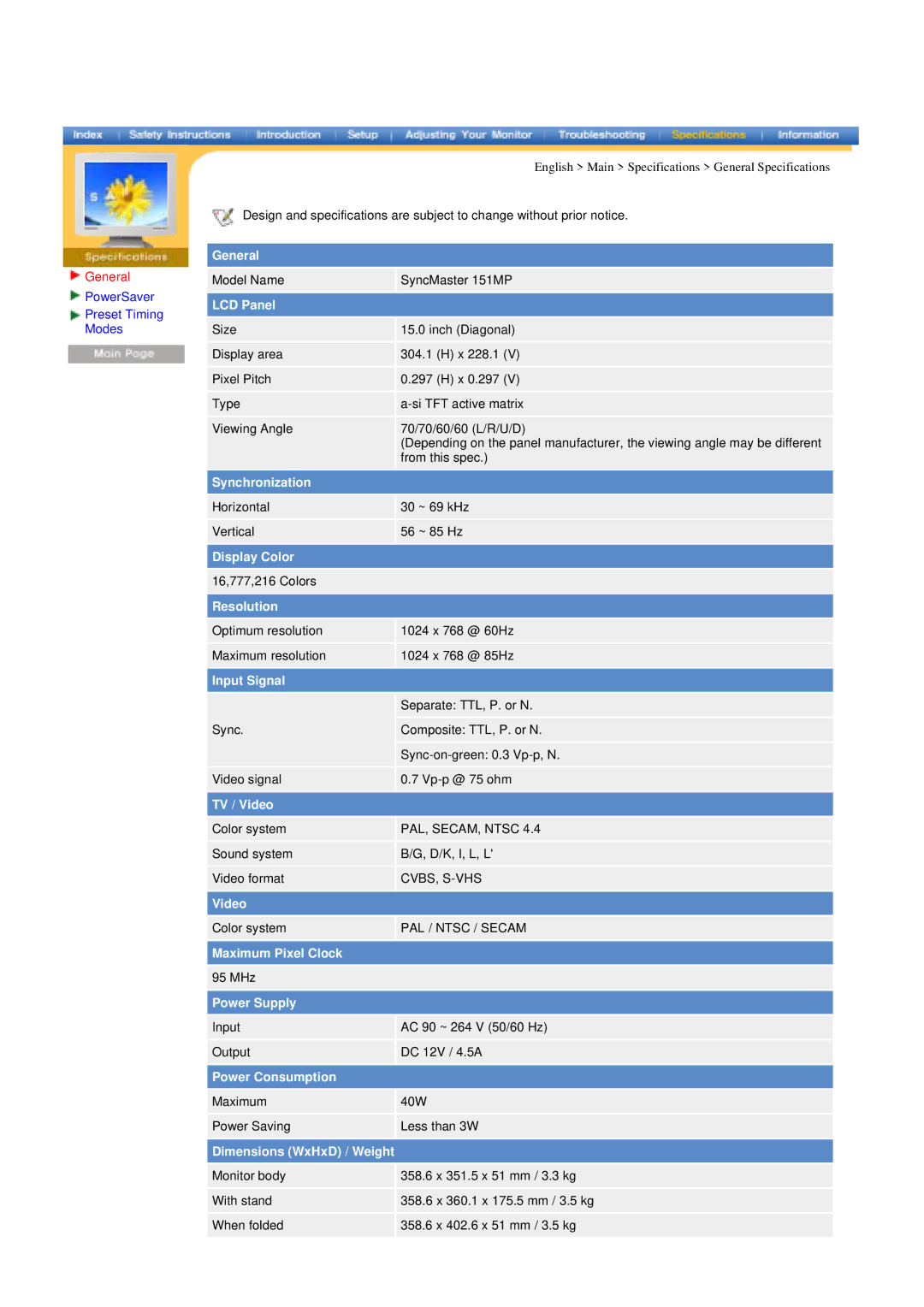 Samsung 151MP manual English Main Specifications General Specifications 