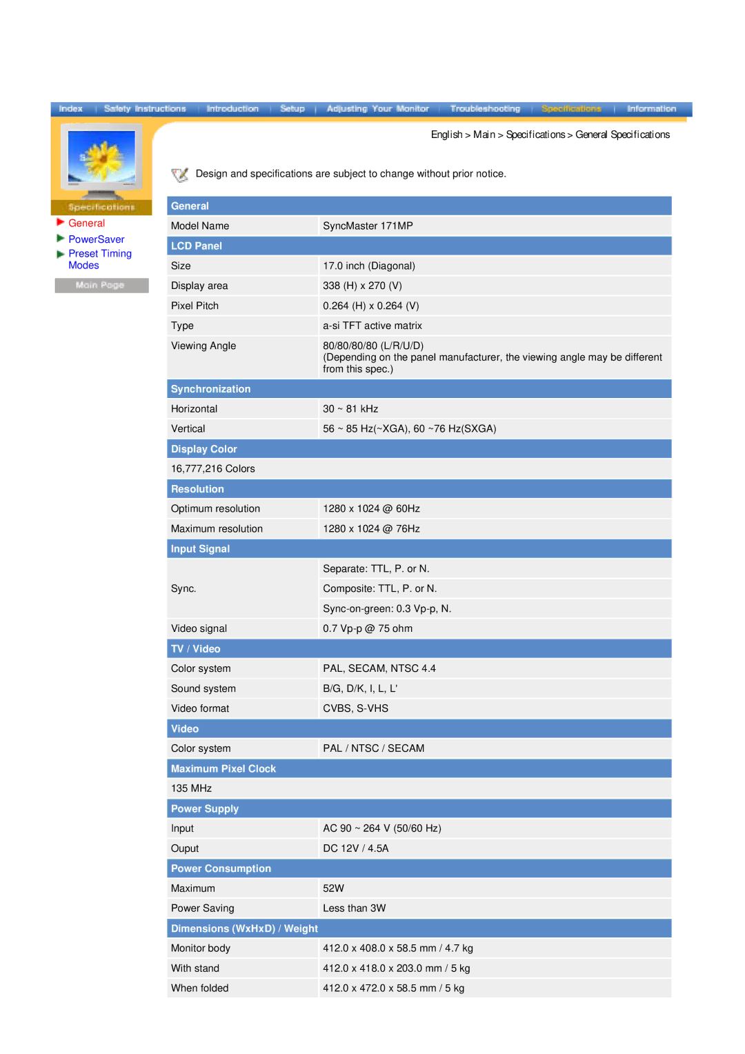 Samsung 151MP manual Model Name SyncMaster 171MP 