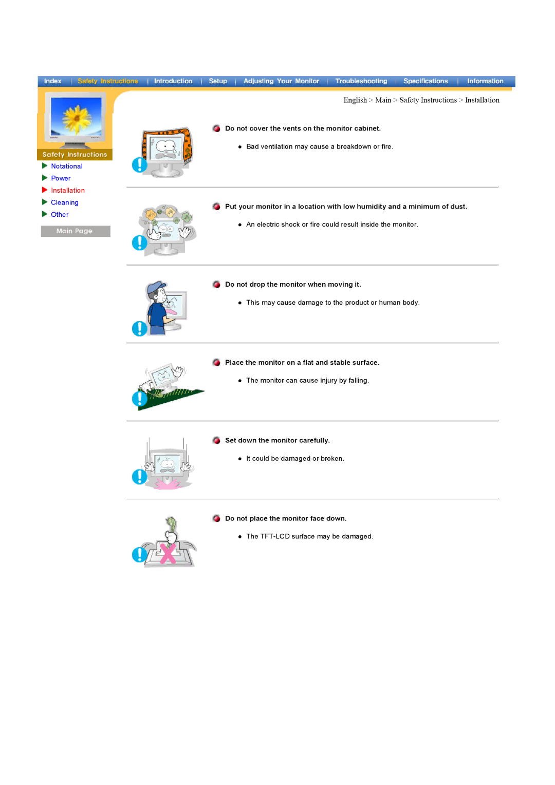 Samsung 151MP manual English Main Safety Instructions Installation 