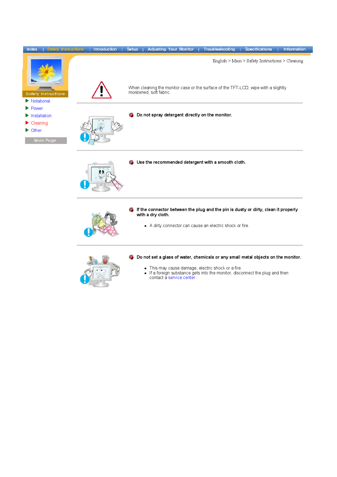 Samsung 151MP manual English Main Safety Instructions Cleaning, Do not spray detergent directly on the monitor 