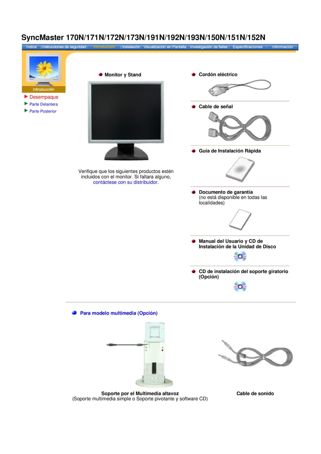 Samsung 173T, 151N, 193T, 153T, 193N, 150N, 173N, 192N manual Monitor y Stand Cordón eléctrico 