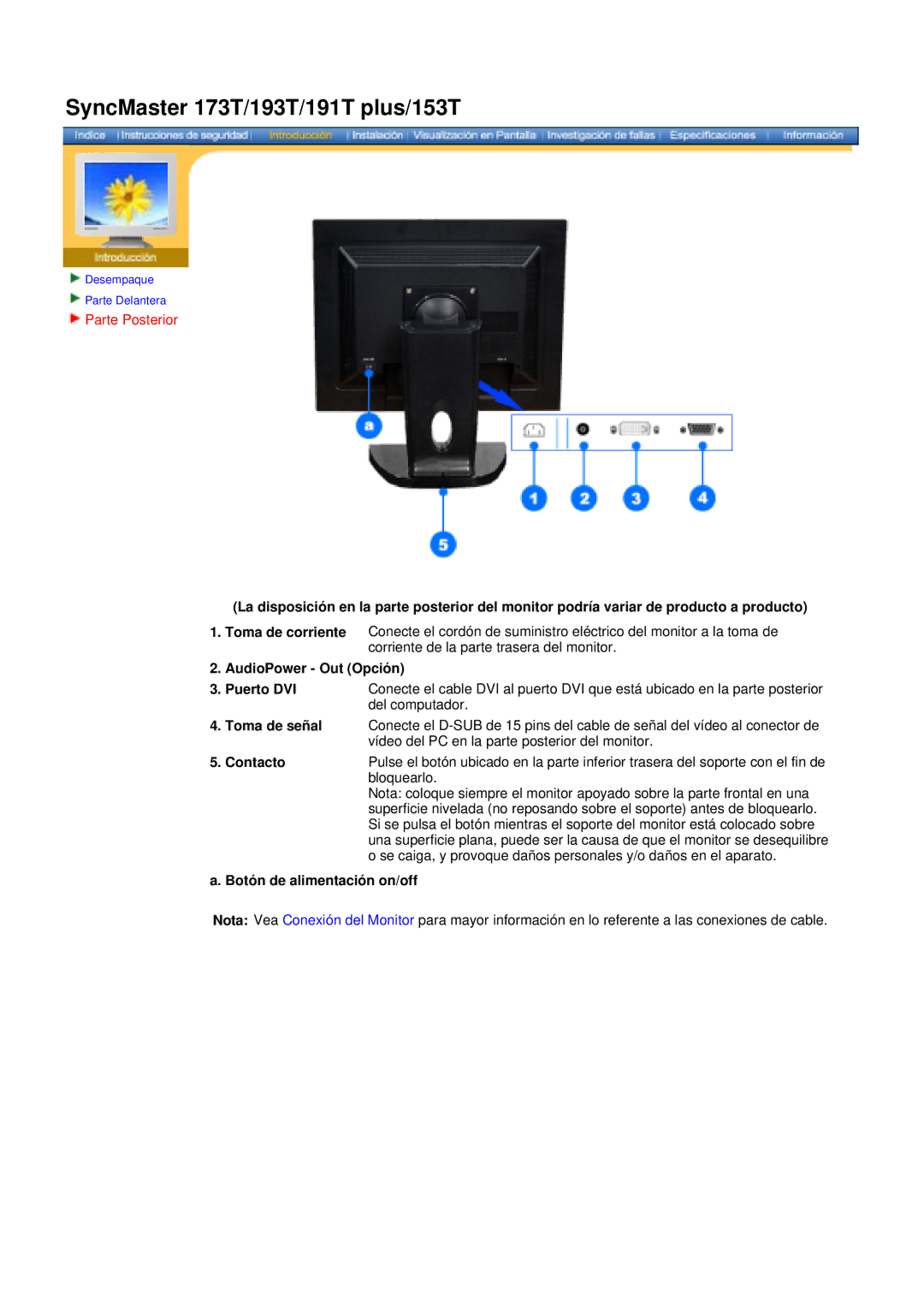 Samsung 150N, 151N, 193T, 173T Parte Posterior, AudioPower Out Opción Puerto DVI, Contacto, Botón de alimentación on/off 