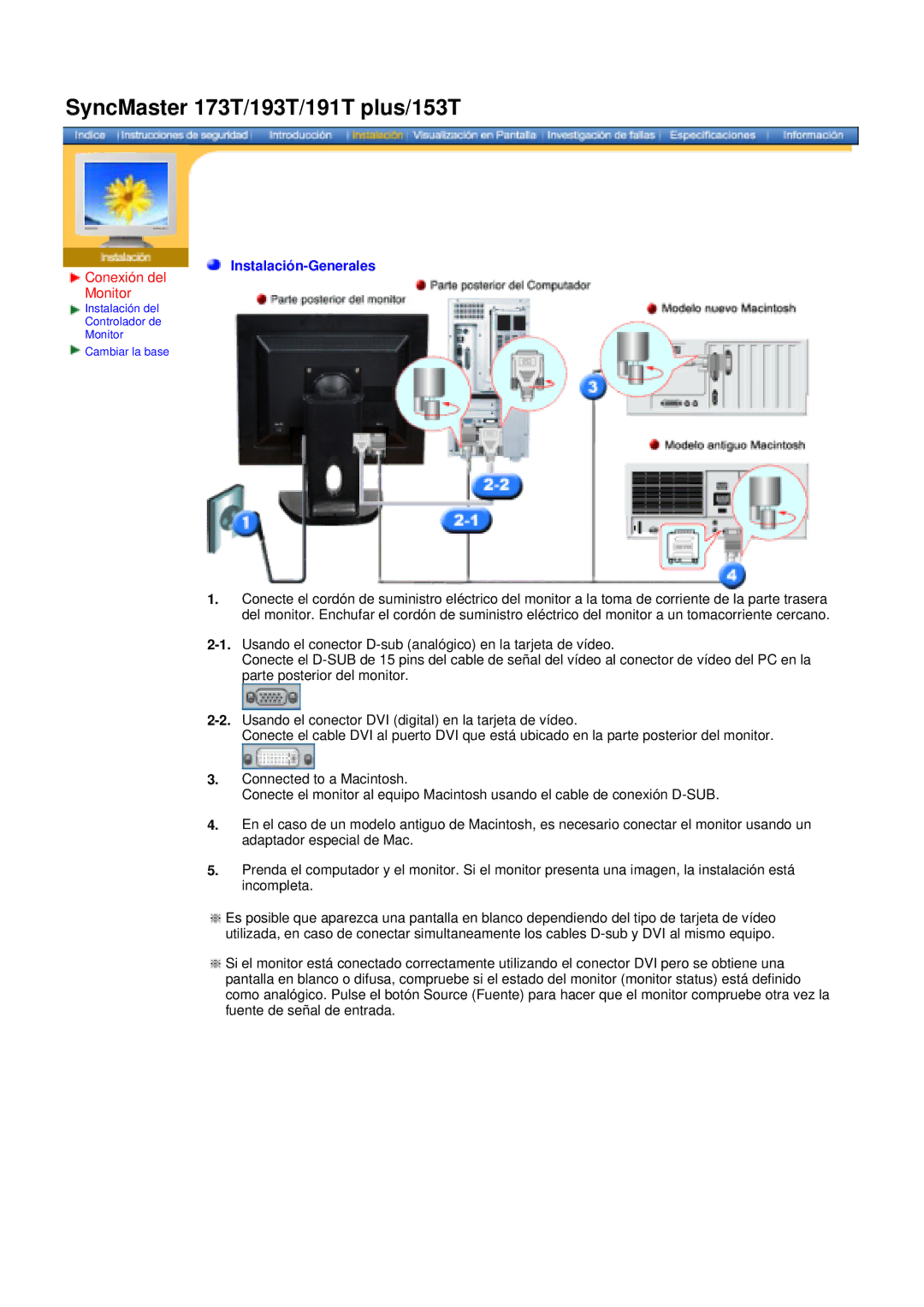 Samsung 192N, 151N, 193T, 173T, 153T, 193N, 150N, 173N manual Conexión del Monitor, Instalación-Generales 