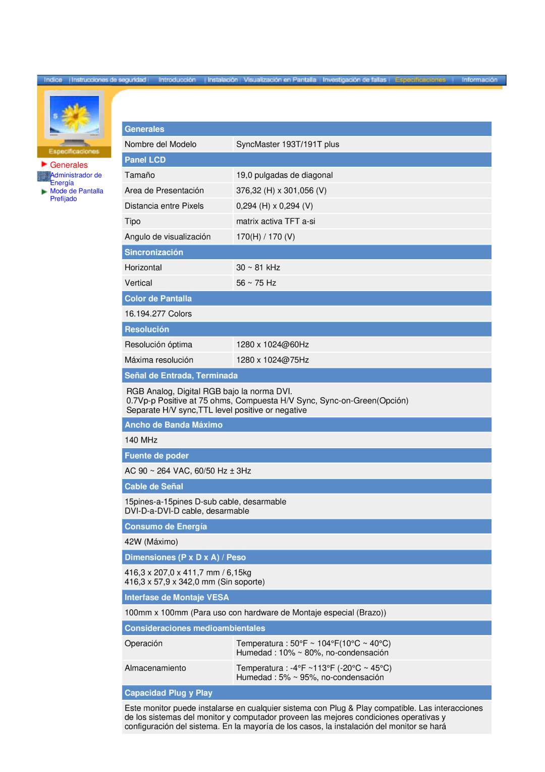 Samsung 153T, 151N, 173T, 193N, 150N, 173N, 192N manual Nombre del Modelo SyncMaster 193T/191T plus 