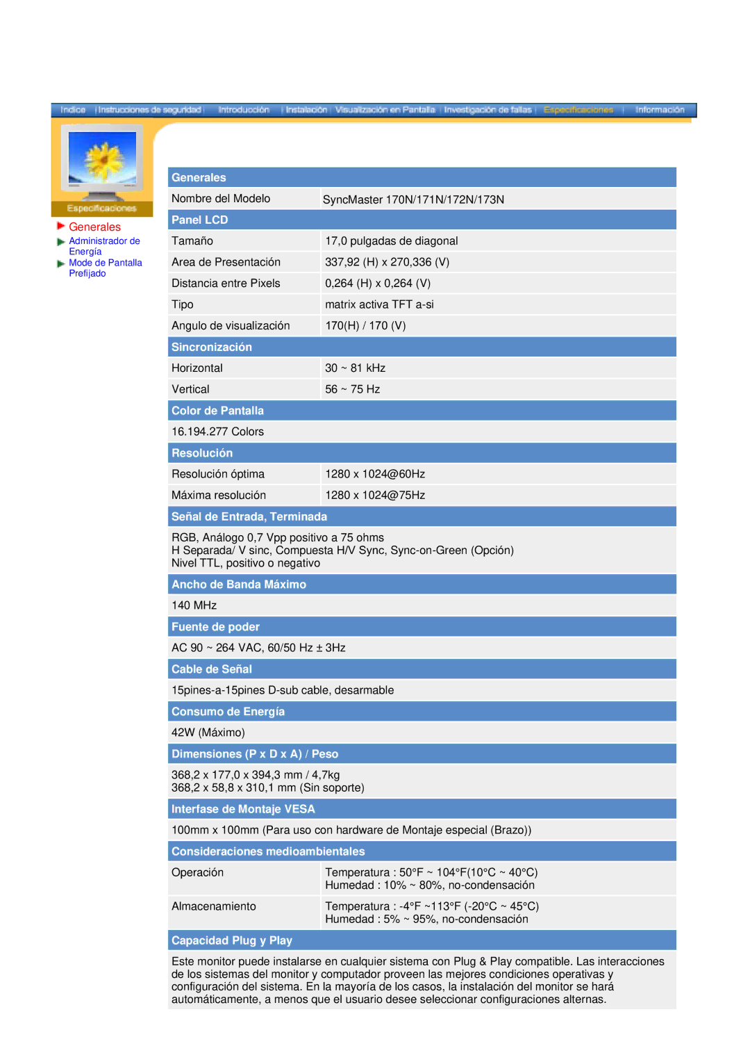 Samsung 150N, 151N, 193T, 173T, 153T, 193N, 192N manual Nombre del Modelo SyncMaster 170N/171N/172N/173N 