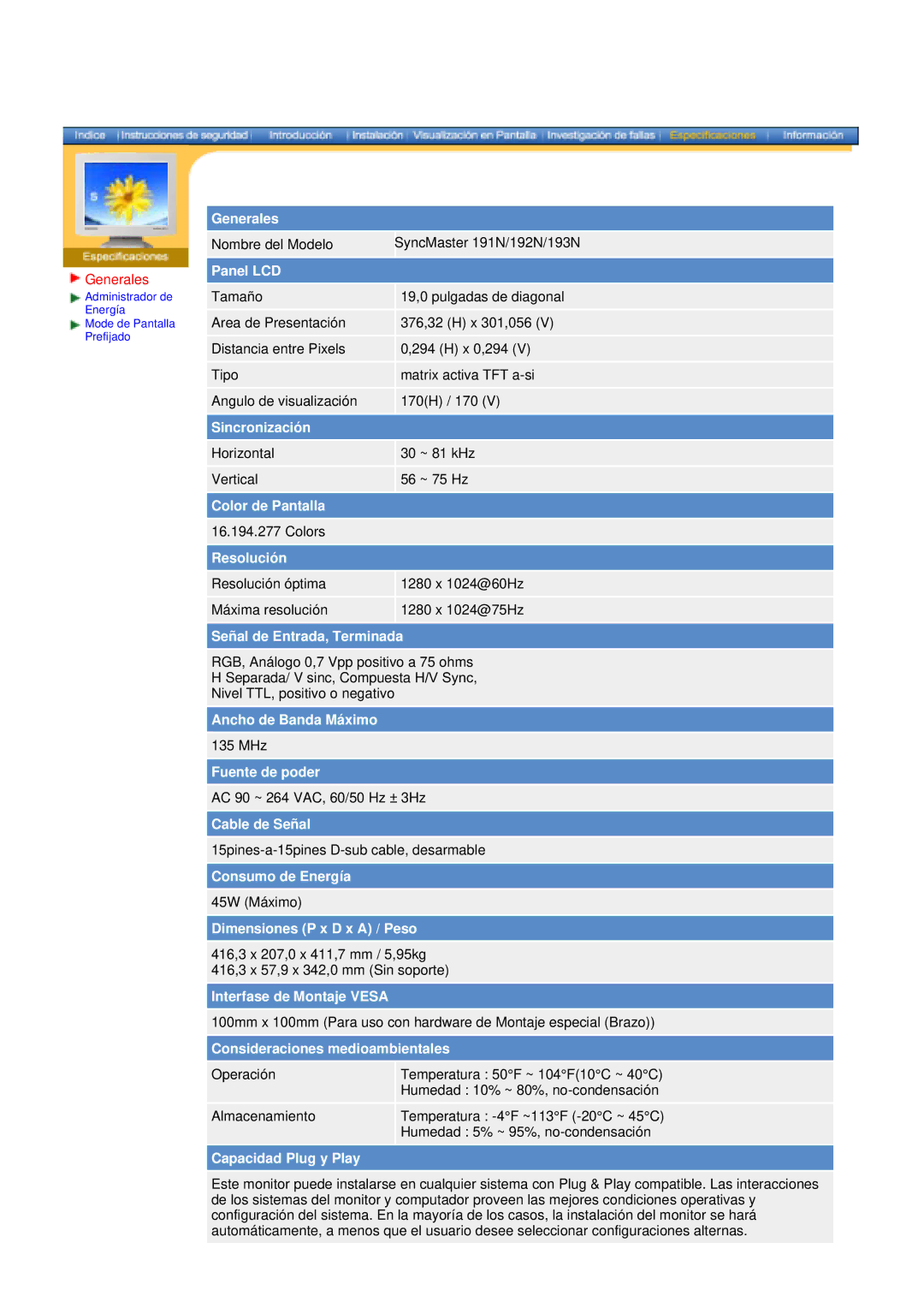 Samsung 151N, 193T, 173T, 153T, 150N, 173N manual Nombre del Modelo SyncMaster 191N/192N/193N 