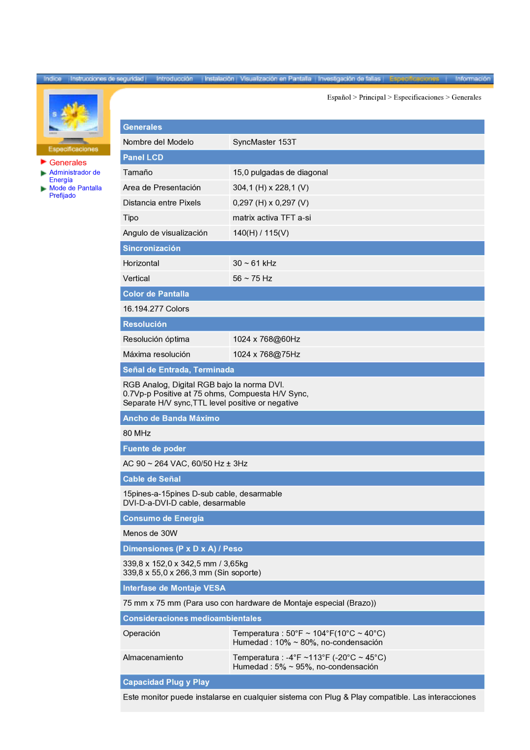 Samsung 193T, 151N, 173T, 193N, 150N, 173N, 192N manual Nombre del Modelo SyncMaster 153T 