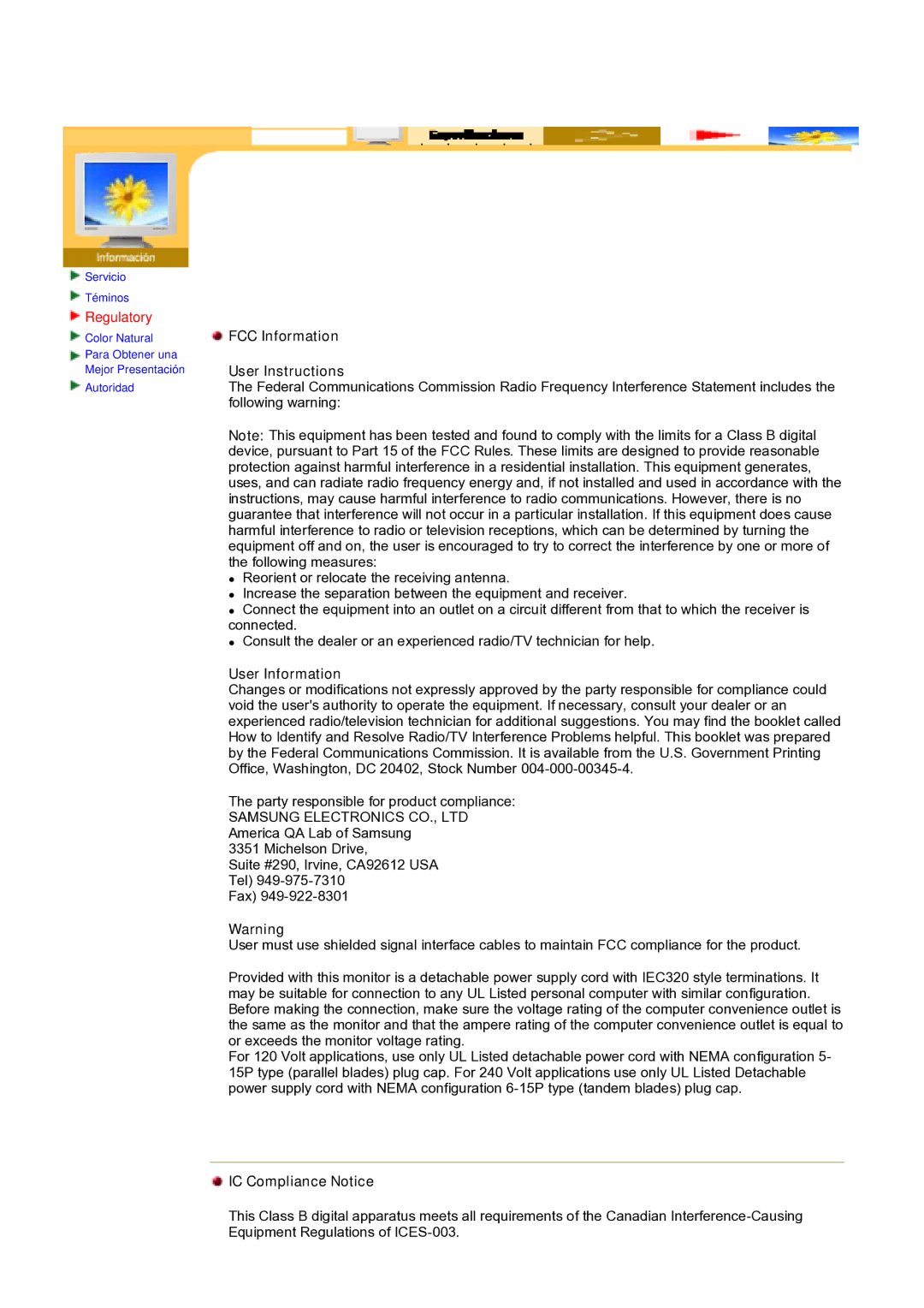 Samsung 150N, 151N, 193T, 173T, 153T Regulatory, FCC Information User Instructions, User Information, IC Compliance Notice 