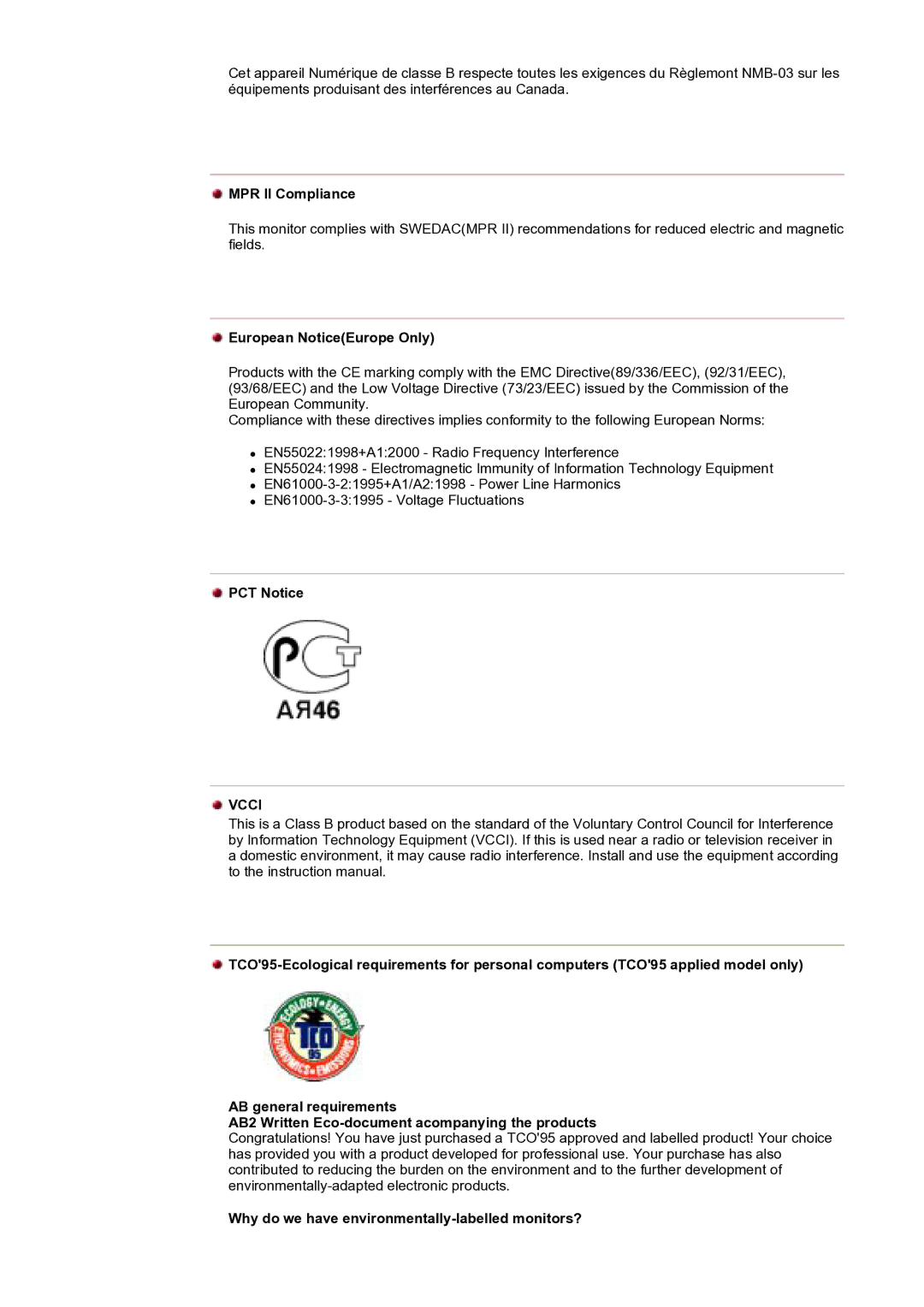 Samsung 173N MPR II Compliance, European NoticeEurope Only, PCT Notice, Why do we have environmentally-labelled monitors? 