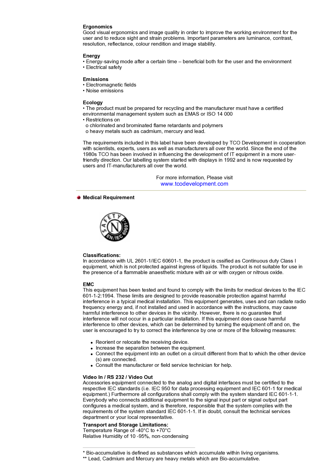 Samsung 173T Ergonomics, Energy, Emissions, Ecology, Medical Requirement Classifications, Video In / RS 232 / Video Out 